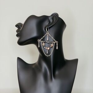 Handcrafted Silver-Tone Multi-Chain Drop Earrings w/Hematite, Freshwater Pearls